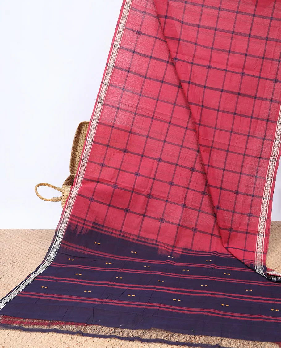 Andhra cotton saree with Checkes, unique design border & contrast striped pallu - Image 3