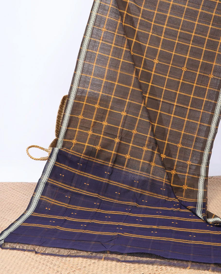 Andhra cotton saree with Checkes, unique design border & contrast striped pallu - Image 4