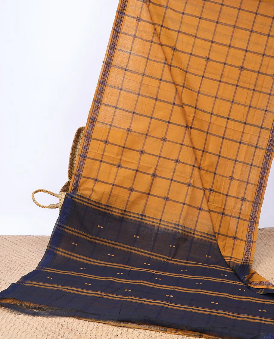 Andhra cotton saree with Checkes, unique design border & contrast striped pallu - Image 5
