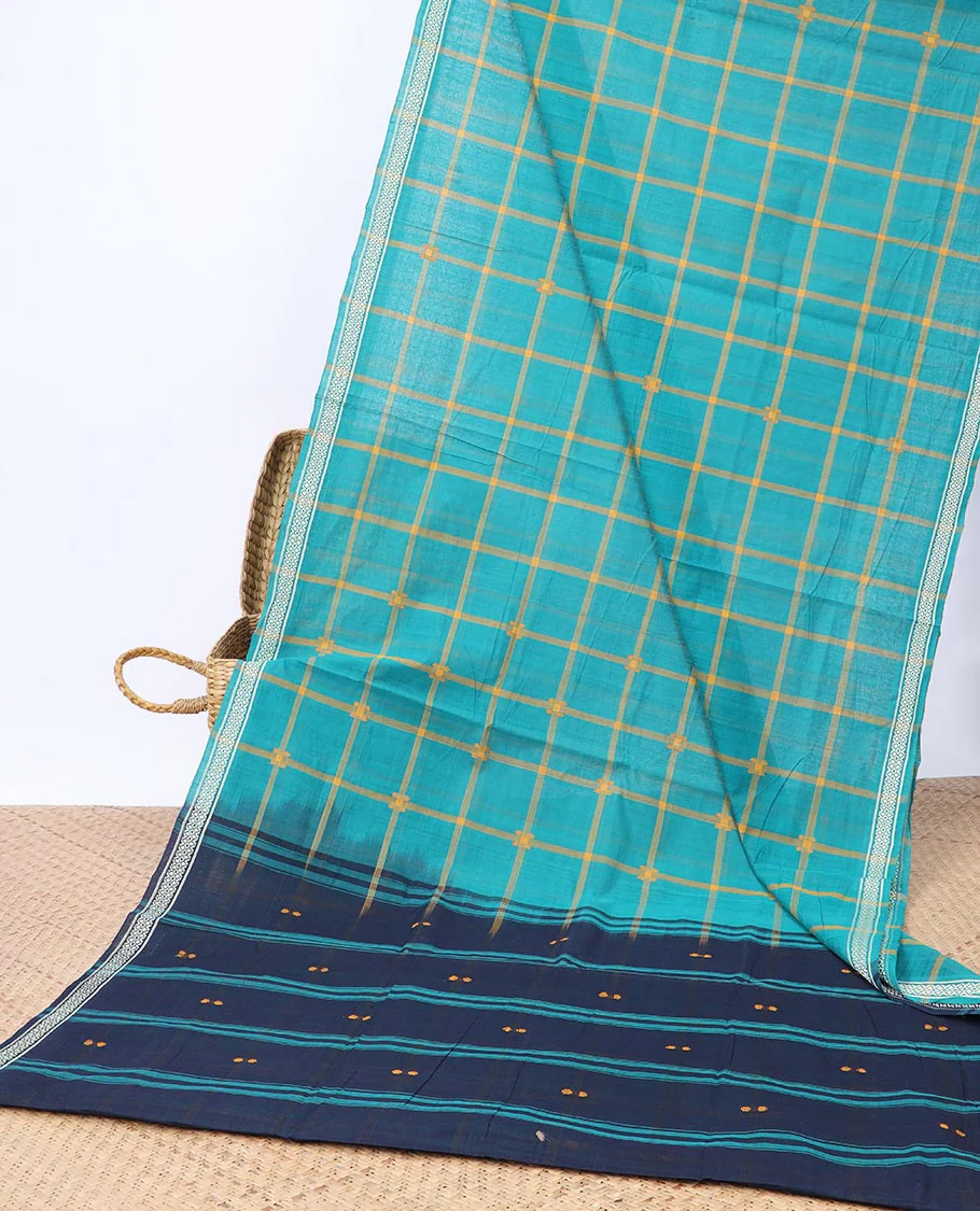 Andhra cotton saree with Checkes, unique design border & contrast striped pallu - Image 6