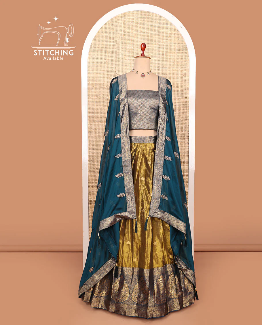 Gold-blue zari buttas half-saree with contrast intricate motifs woven bordered skirt, brocade blouse, and a zari design dhavani - Image 2