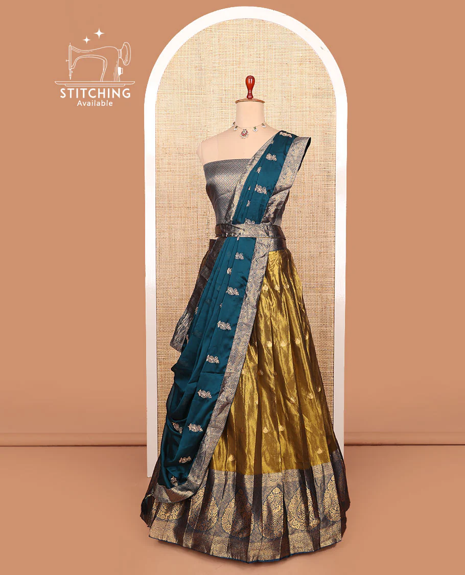 Gold-blue zari buttas half-saree with contrast intricate motifs woven bordered skirt, brocade blouse, and a zari design dhavani - Image 3
