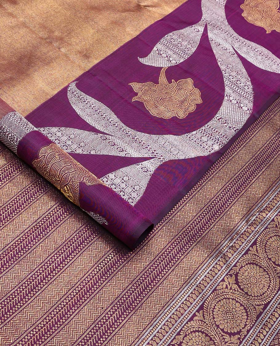 Antique gold Kanchipuram silk saree, contrast floral creeper zari border, and pallu of muthu, banaras, vanki, manga, and kodi visiry designs - Image 2