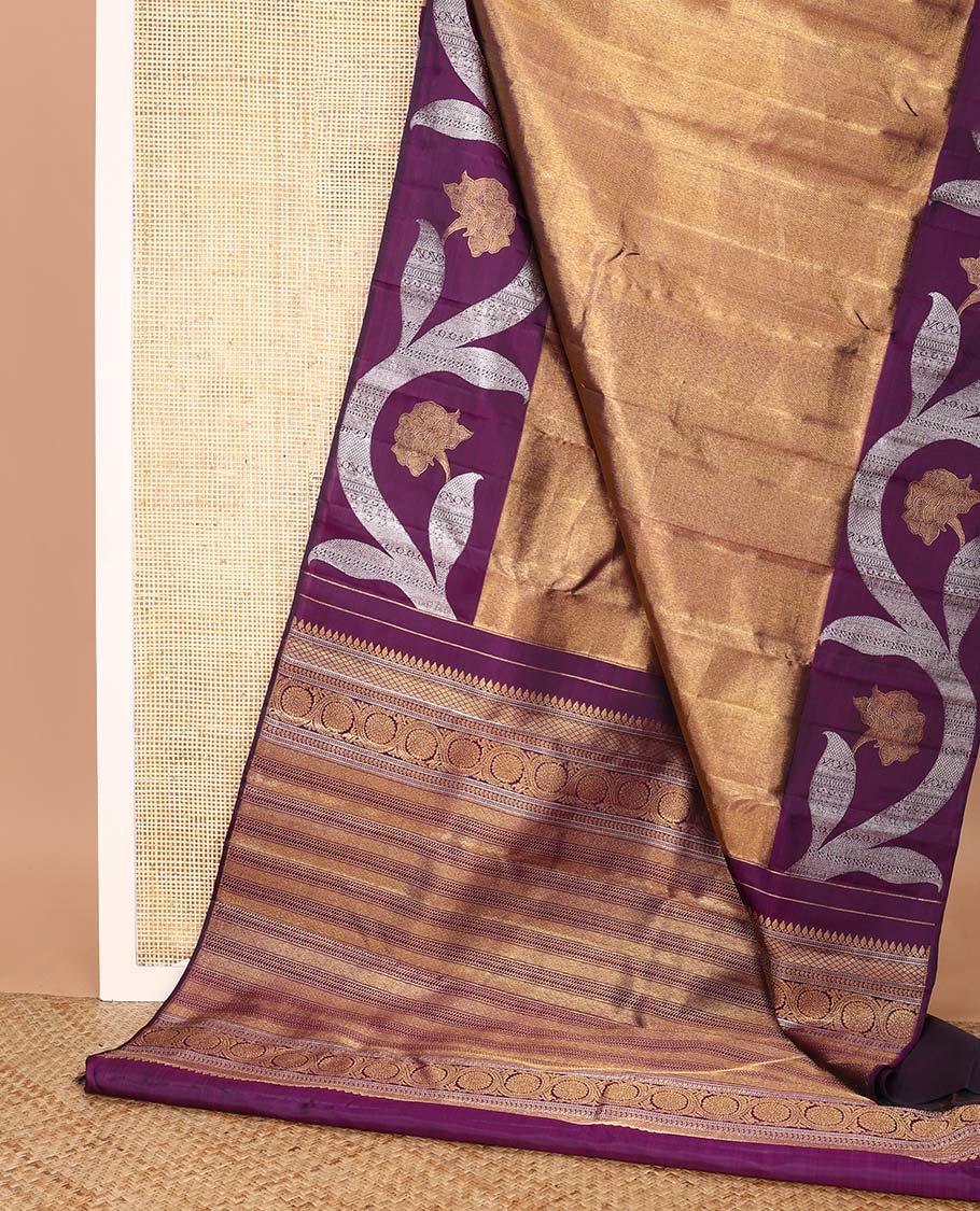 Antique gold Kanchipuram silk saree, contrast floral creeper zari border, and pallu of muthu, banaras, vanki, manga, and kodi visiry designs - Image 3