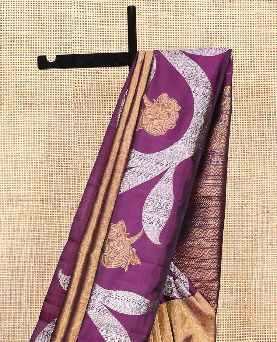 Antique gold Kanchipuram silk saree, contrast floral creeper zari border, and pallu of muthu, banaras, vanki, manga, and kodi visiry designs - Image 4