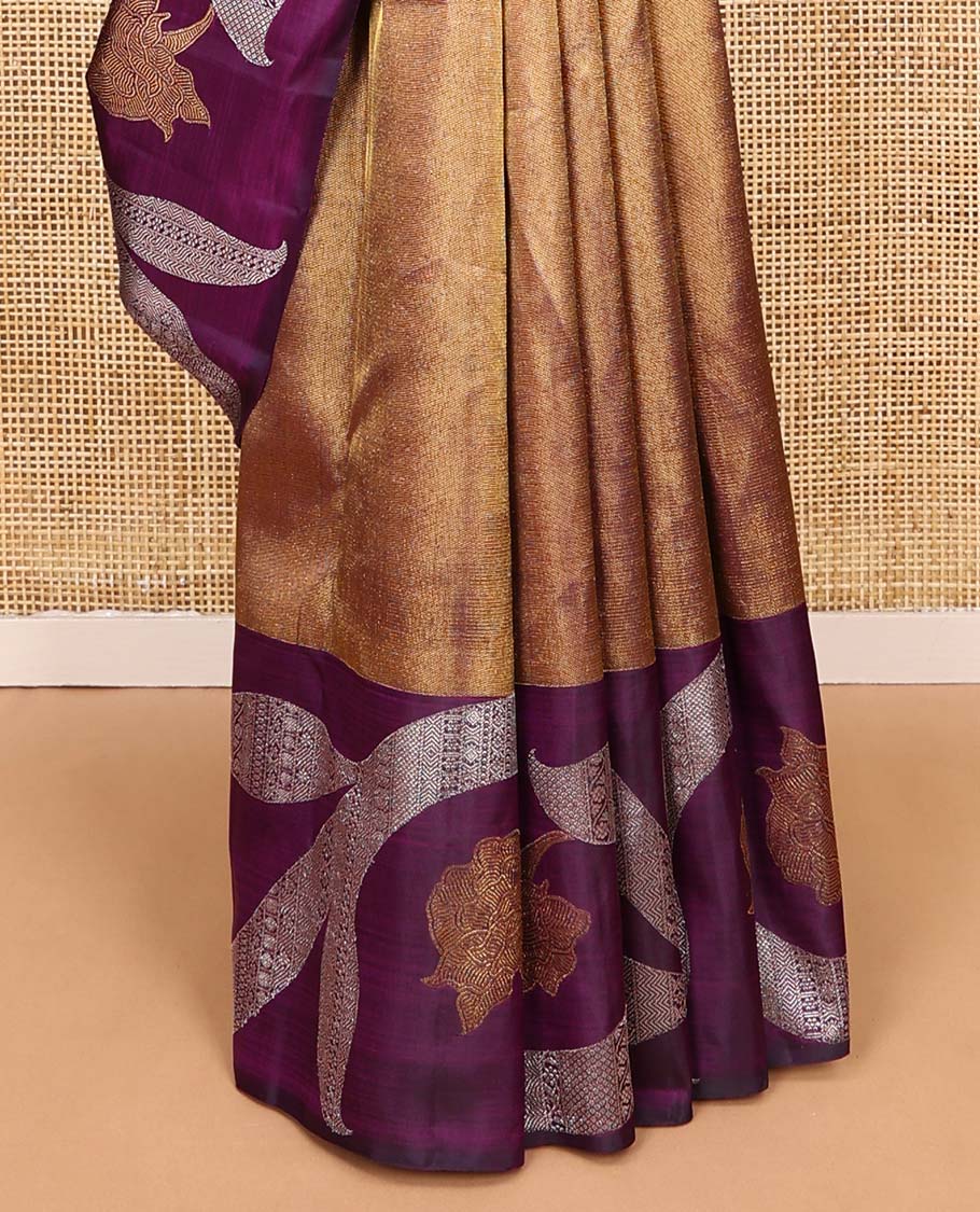 Antique gold Kanchipuram silk saree, contrast floral creeper zari border, and pallu of muthu, banaras, vanki, manga, and kodi visiry designs - Image 5