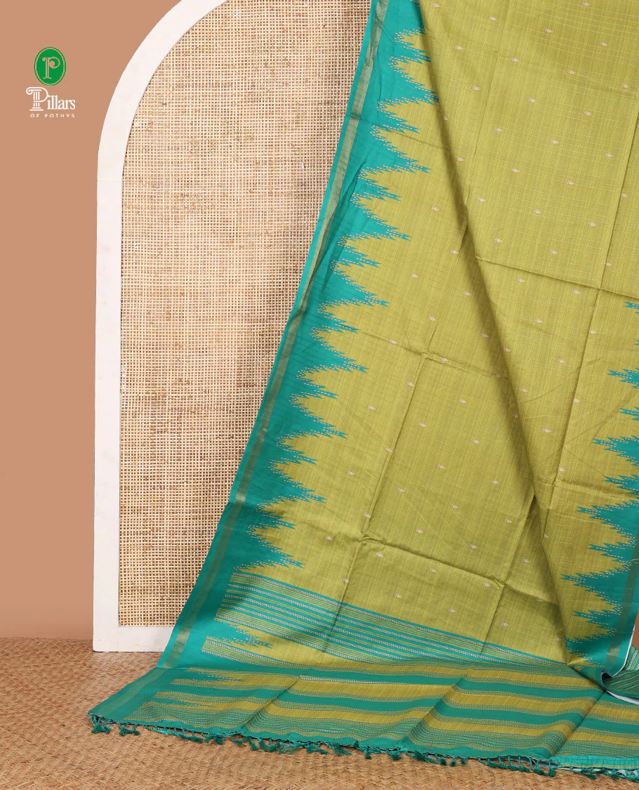 Apple green small butta design kathan silk saree with contrast temple border & striped, temple design pallu along with striped blouse - Image 2
