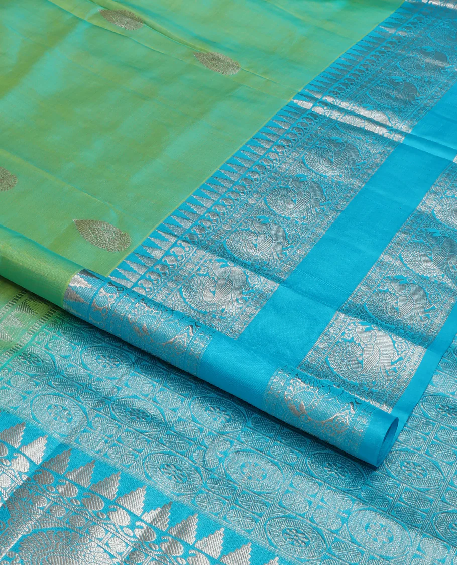 Aqua green dual-tone zari buttas Venkatagiri silk saree, contrast traditional zari rettai pettu border of peacock designs, and pallu of chakra, and rudraksham - Image 2