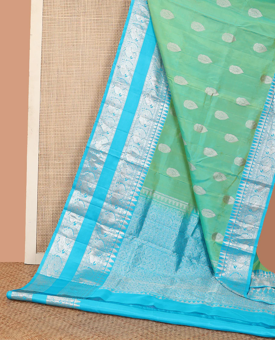 Aqua green dual-tone zari buttas Venkatagiri silk saree, contrast traditional zari rettai pettu border of peacock designs, and pallu of chakra, and rudraksham - Image 3