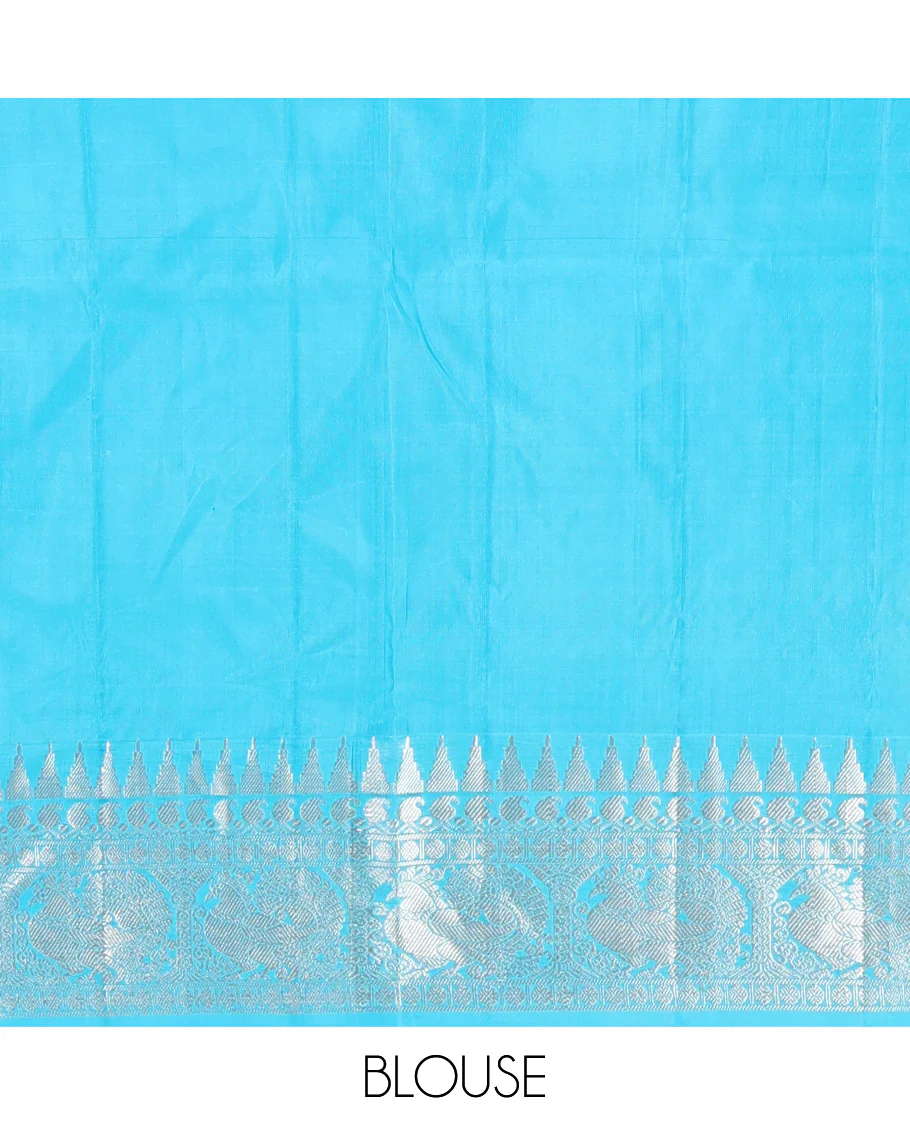 Aqua green dual-tone zari buttas Venkatagiri silk saree, contrast traditional zari rettai pettu border of peacock designs, and pallu of chakra, and rudraksham - Image 6