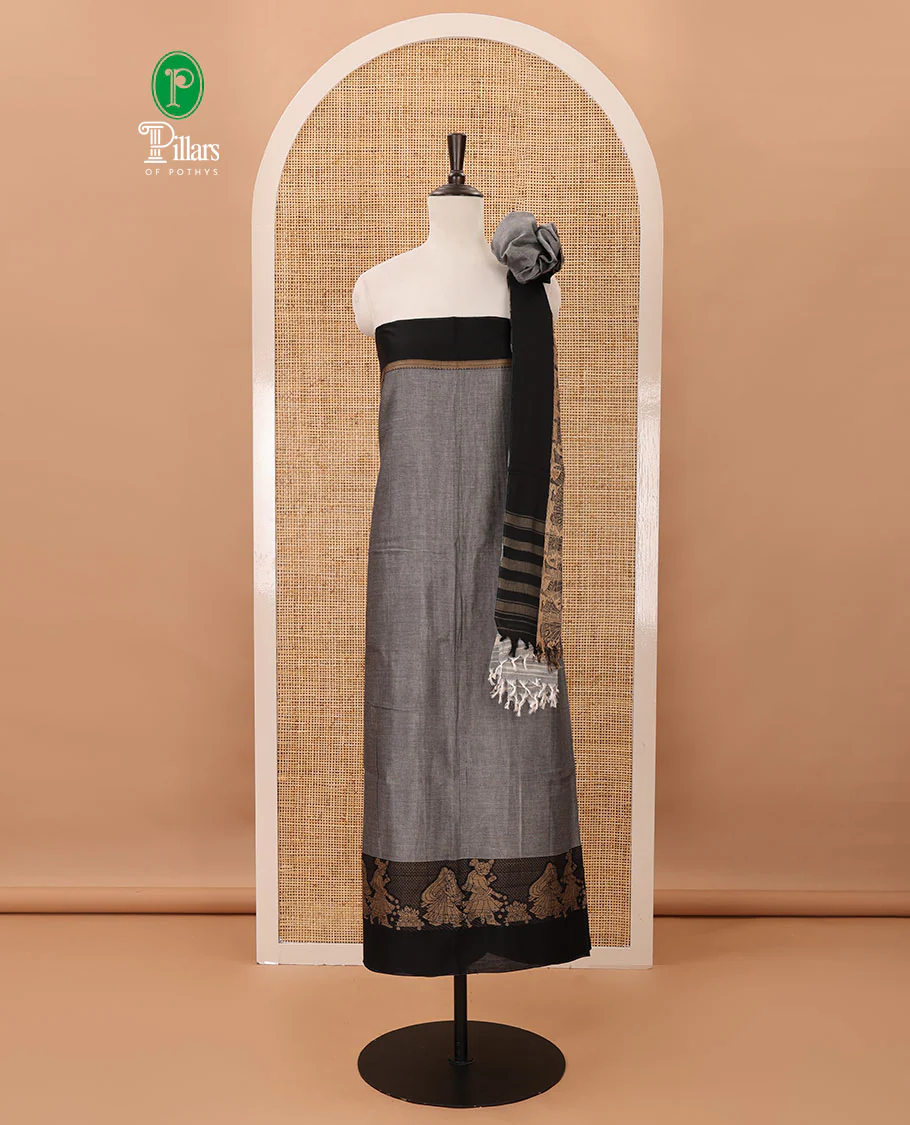 Ash grey mercerised cotton material chudidar set, Madhubani-style bride-groom motif woven top, bottom & dupatta