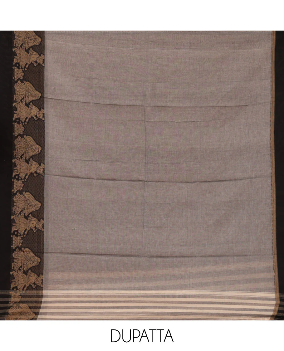 Ash grey mercerised cotton material chudidar set, Madhubani-style bride-groom motif woven top, bottom & dupatta - Image 2
