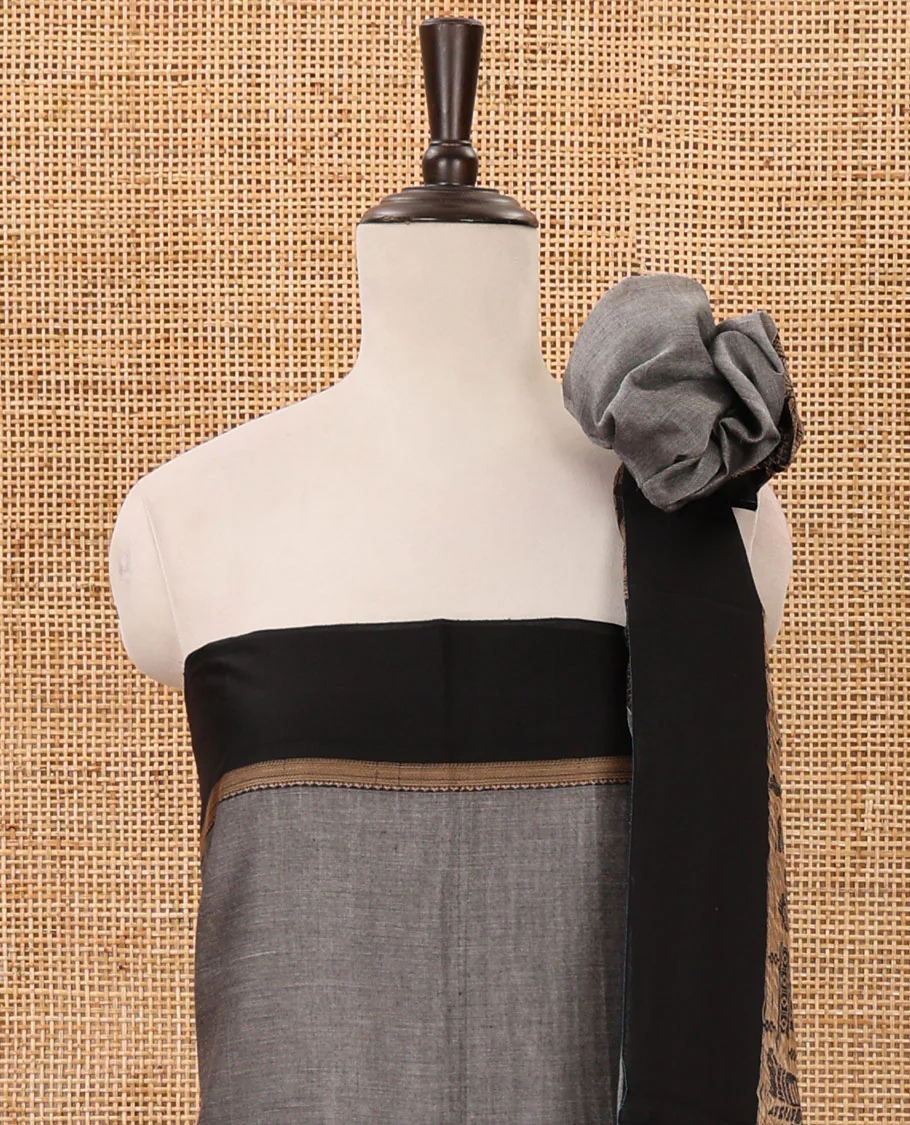 Ash grey mercerised cotton material chudidar set, Madhubani-style bride-groom motif woven top, bottom & dupatta - Image 3