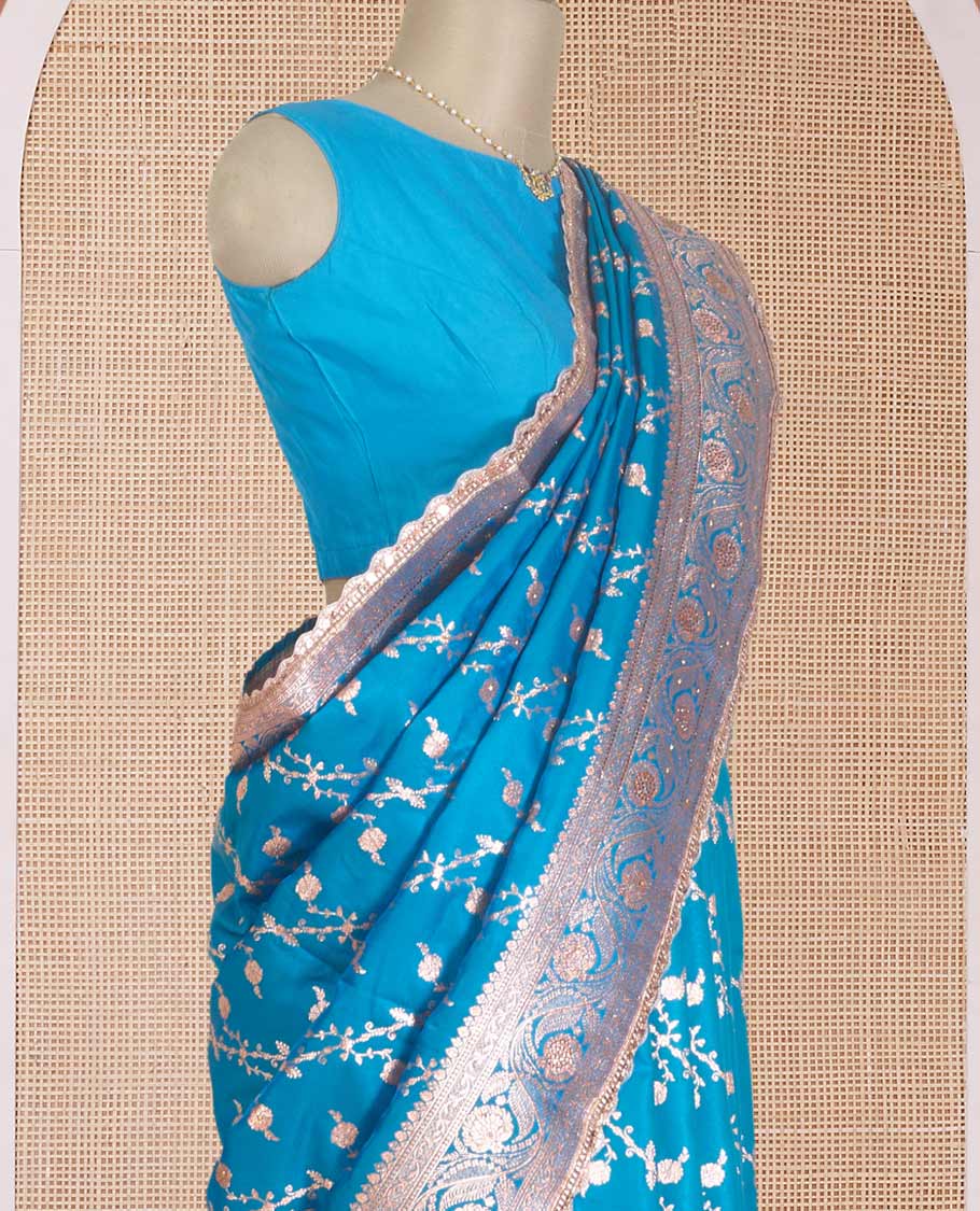 Azure blue diagonal floral stripes with stone work Banaras Nylon silk saree, traditional zari woven border of scallop lacework and stonework, and intricate pallu - Image 3