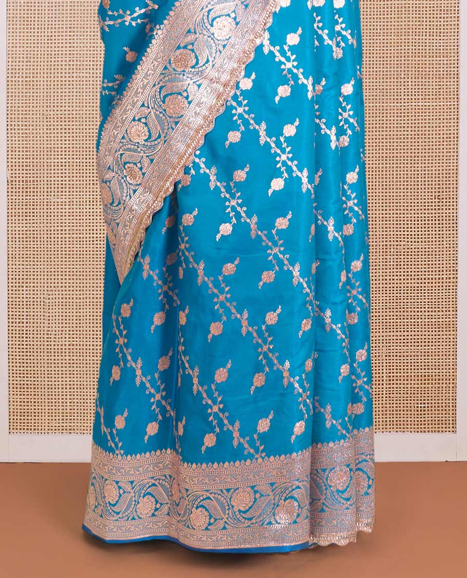 Azure blue diagonal floral stripes with stone work Banaras Nylon silk saree, traditional zari woven border of scallop lacework and stonework, and intricate pallu - Image 4
