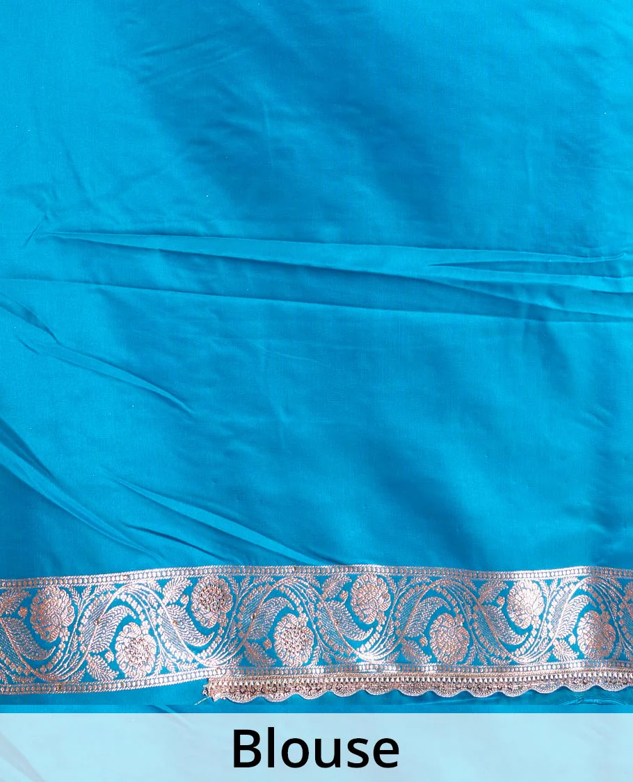 Azure blue diagonal floral stripes with stone work Banaras Nylon silk saree, traditional zari woven border of scallop lacework and stonework, and intricate pallu - Image 5