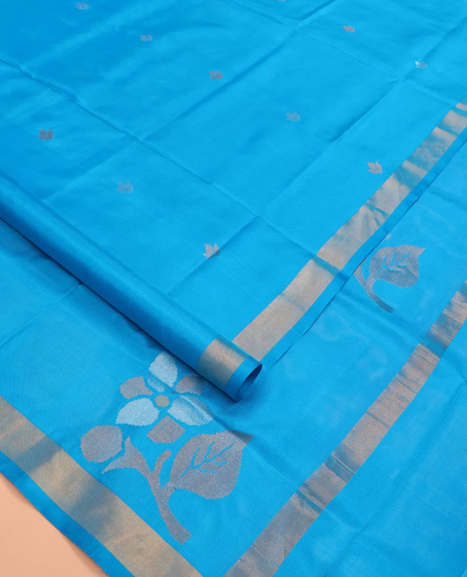 Azure Blue Uppada Silk Saree Featuring Floral Buttas, Subtle Zari Bavanji Border, Pallu Decked Up with Jamdani-Style Floral Motifs, and Paired with a Matching Blouse - Image 2