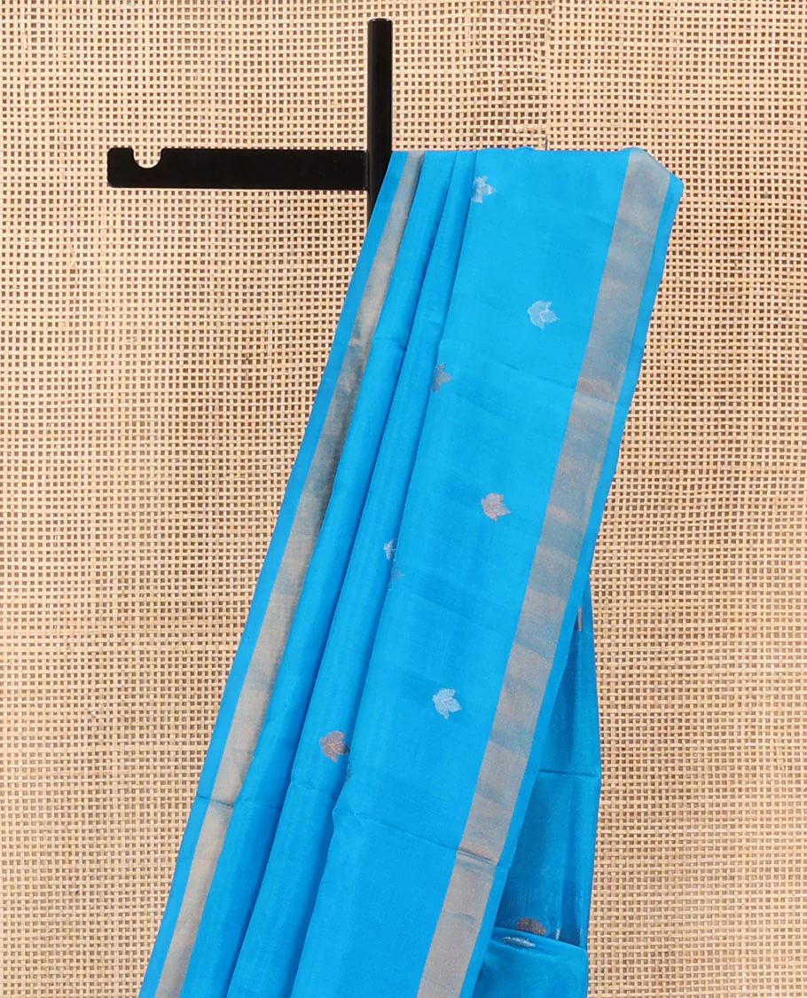 Azure Blue Uppada Silk Saree Featuring Floral Buttas, Subtle Zari Bavanji Border, Pallu Decked Up with Jamdani-Style Floral Motifs, and Paired with a Matching Blouse - Image 3