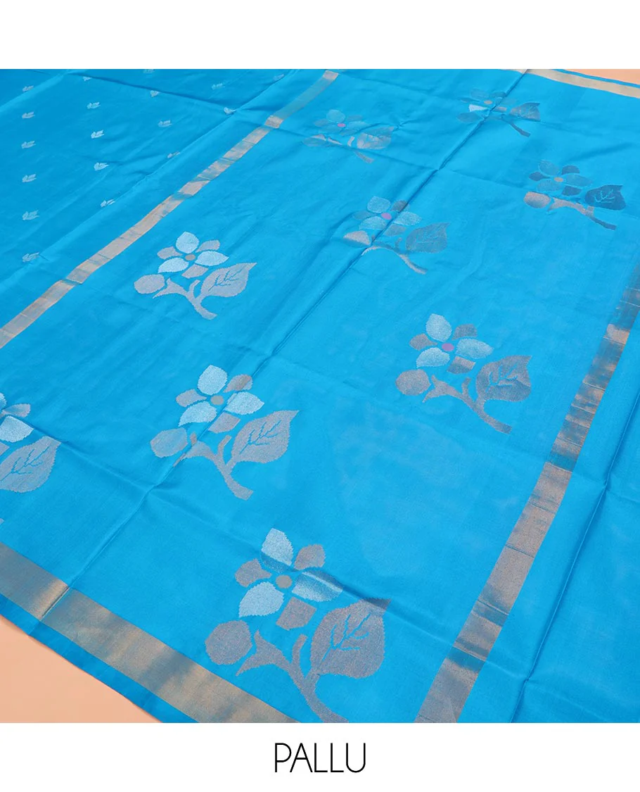 Azure Blue Uppada Silk Saree Featuring Floral Buttas, Subtle Zari Bavanji Border, Pallu Decked Up with Jamdani-Style Floral Motifs, and Paired with a Matching Blouse - Image 5