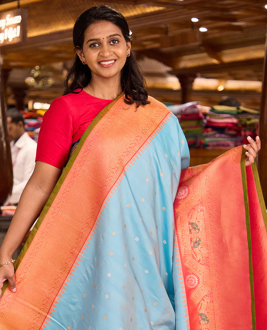 Baby blue mayil chakram buttas gadwal silk saree, contrast border of rekku, mayil, and kodi visiry designs, and intricate pallu - Image 2