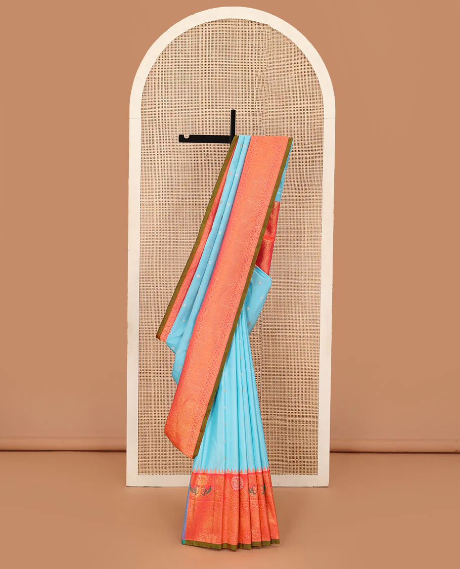 Baby blue mayil chakram buttas gadwal silk saree, contrast border of rekku, mayil, and kodi visiry designs, and intricate pallu - Image 3