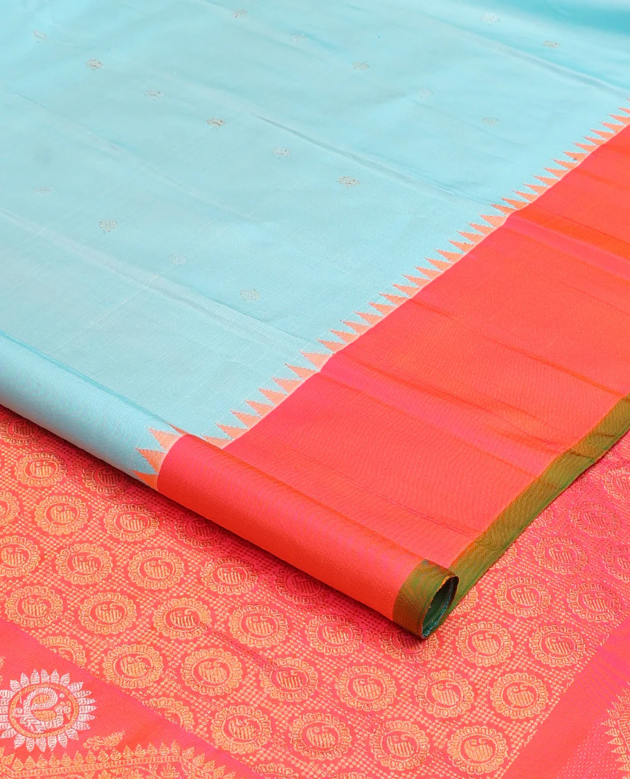 Baby blue mayil chakram buttas gadwal silk saree, contrast border of rekku, mayil, and kodi visiry designs, and intricate pallu - Image 4