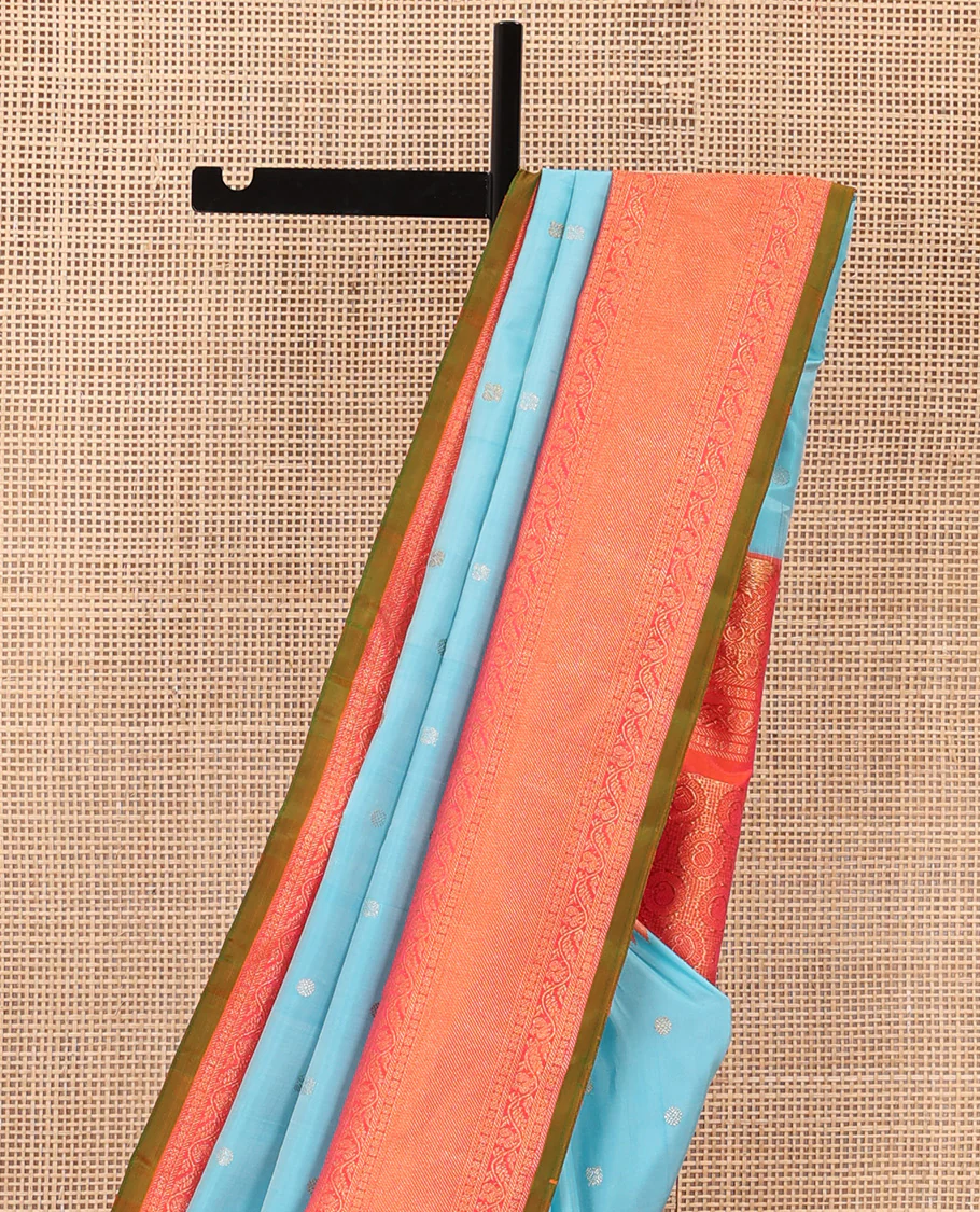 Baby blue mayil chakram buttas gadwal silk saree, contrast border of rekku, mayil, and kodi visiry designs, and intricate pallu - Image 6