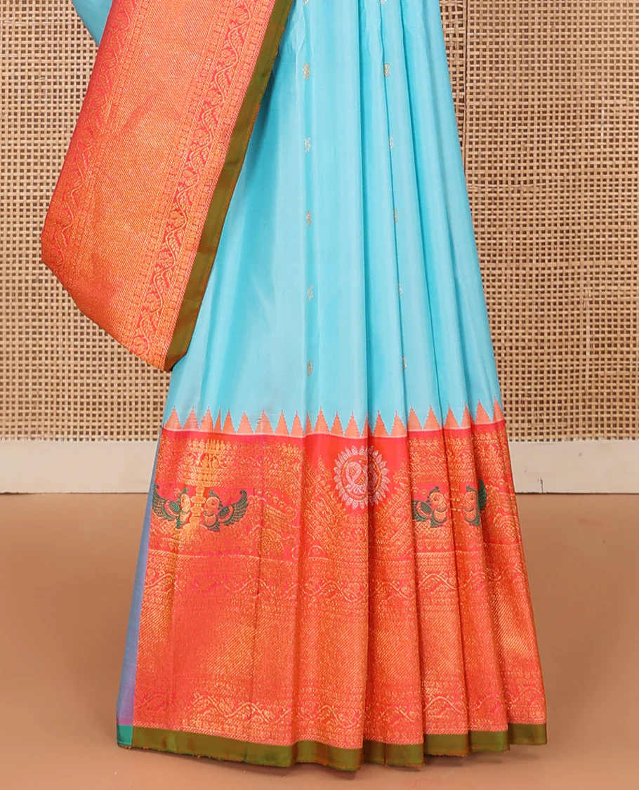 Baby blue mayil chakram buttas gadwal silk saree, contrast border of rekku, mayil, and kodi visiry designs, and intricate pallu - Image 7