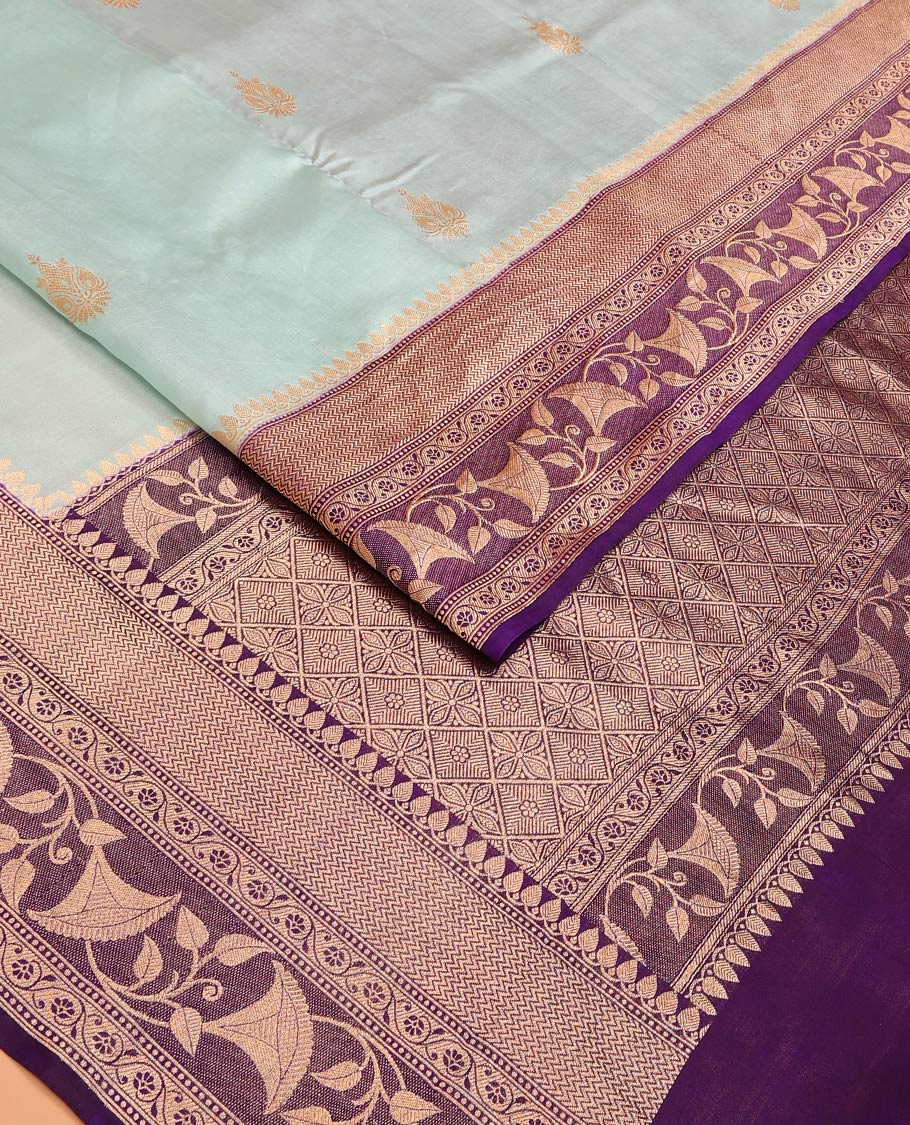 Baby Blue Raw Mango Silk Saree Subtly Sparked with Buttas, Complemented by a Contrast Traditional Zari-Designed Border, Featuring a Zari-Elevated Jaal-Designed Pallu, Paired with a Contrast Blouse - Image 2