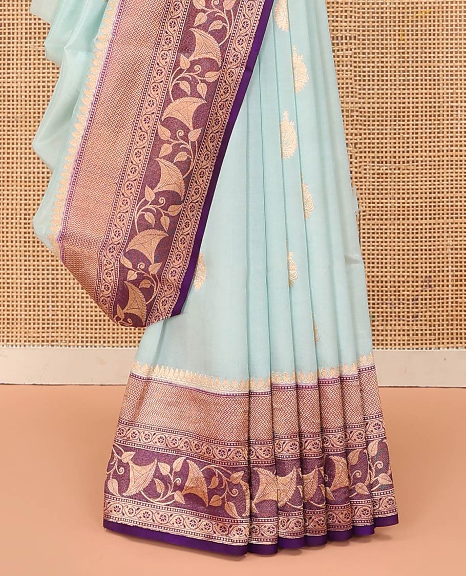Baby Blue Raw Mango Silk Saree Subtly Sparked with Buttas, Complemented by a Contrast Traditional Zari-Designed Border, Featuring a Zari-Elevated Jaal-Designed Pallu, Paired with a Contrast Blouse - Image 4