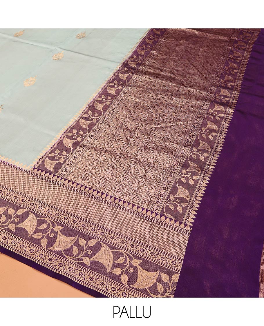 Baby Blue Raw Mango Silk Saree Subtly Sparked with Buttas, Complemented by a Contrast Traditional Zari-Designed Border, Featuring a Zari-Elevated Jaal-Designed Pallu, Paired with a Contrast Blouse - Image 5