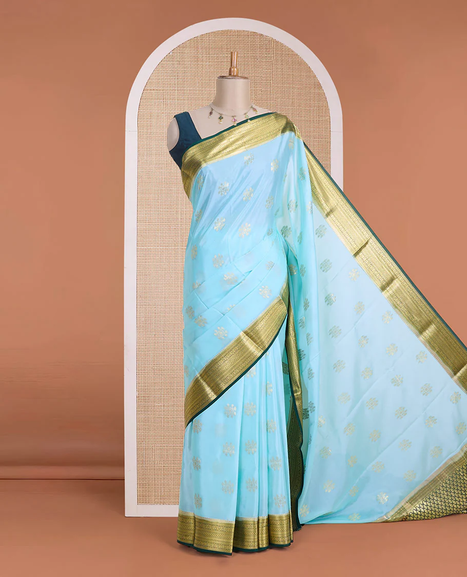 Baby blue zari buttas Mysore silk saree, contrast traditional zari design border & zari-rich jaal pallu - Image 2