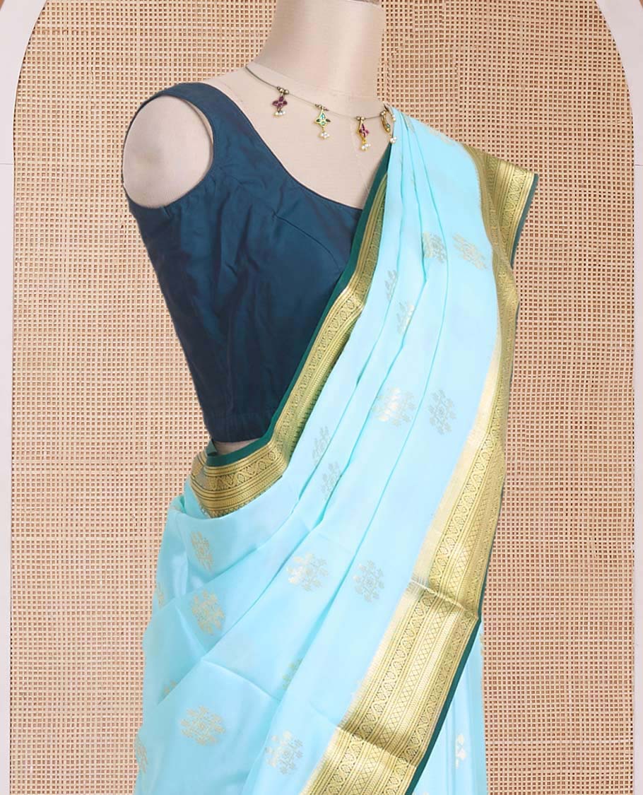Baby blue zari buttas Mysore silk saree, contrast traditional zari design border & zari-rich jaal pallu - Image 3