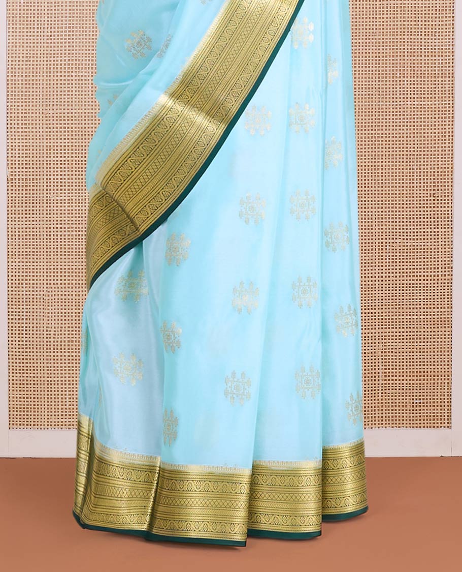 Baby blue zari buttas Mysore silk saree, contrast traditional zari design border & zari-rich jaal pallu - Image 4