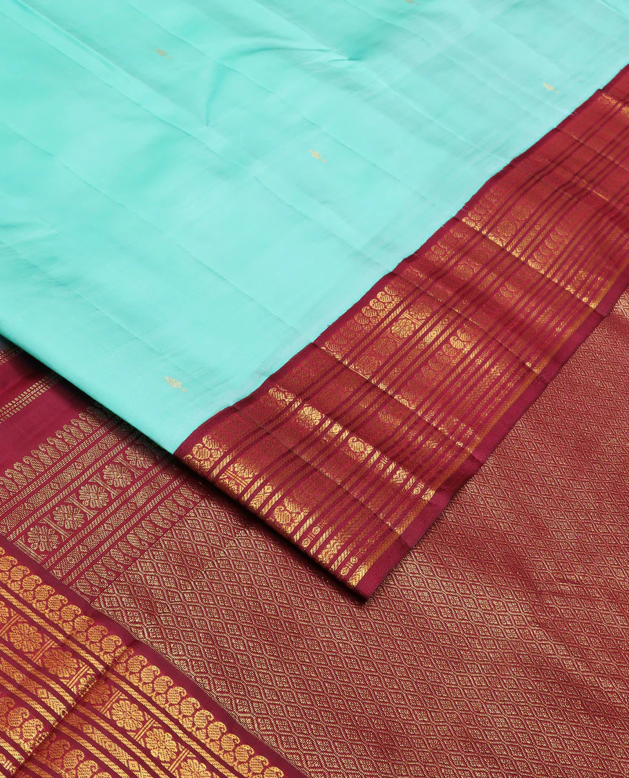Baby blue zari buttas Vasundhara silk saree, contrast border of manga mokku,banaras,kamalam & rettai neli & jaal pallu - Image 2