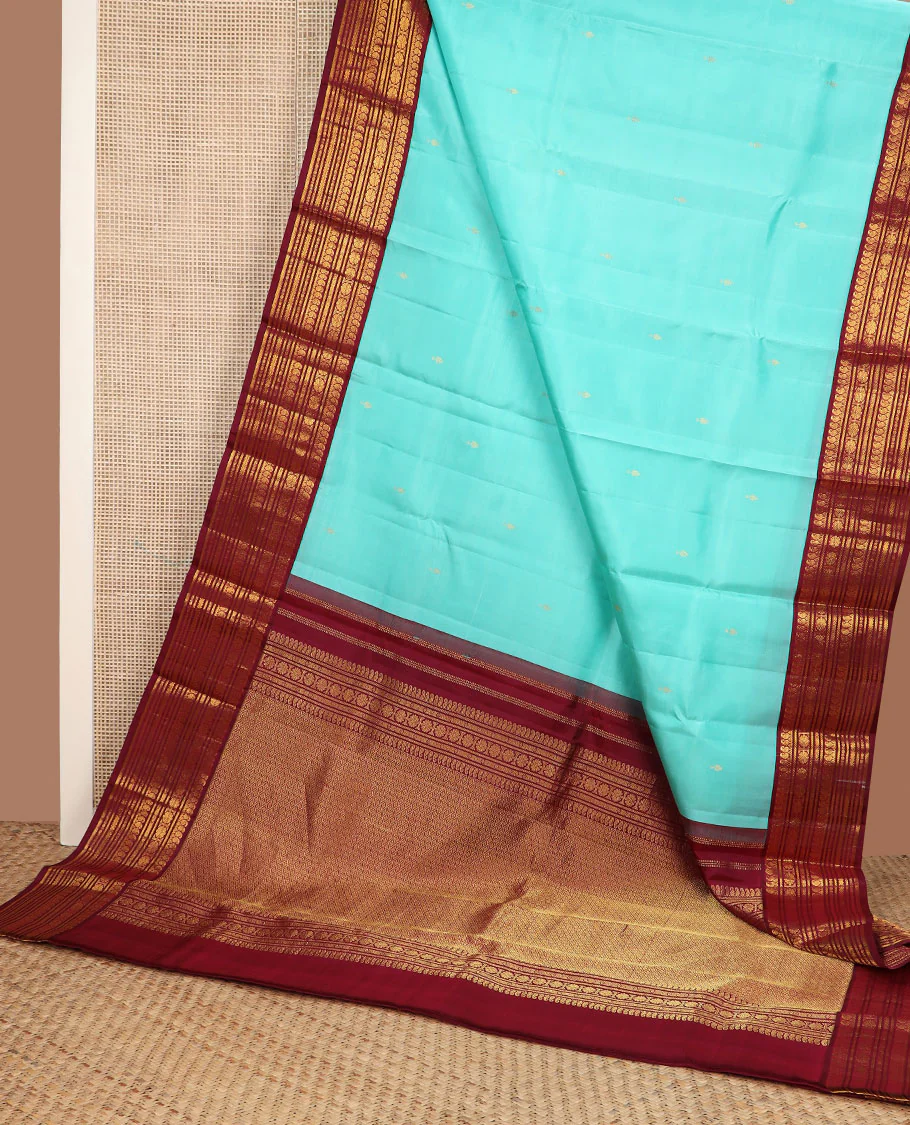 Baby blue zari buttas Vasundhara silk saree, contrast border of manga mokku,banaras,kamalam & rettai neli & jaal pallu - Image 3