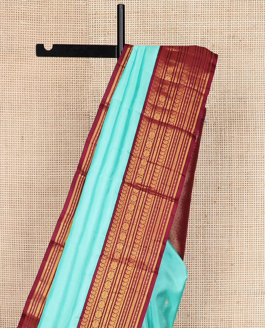 Baby blue zari buttas Vasundhara silk saree, contrast border of manga mokku,banaras,kamalam & rettai neli & jaal pallu - Image 4