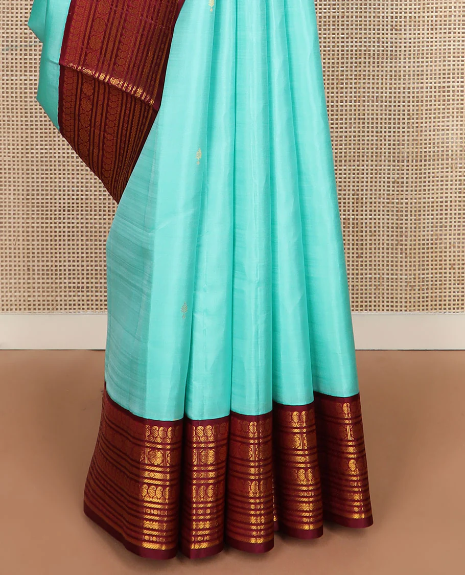 Baby blue zari buttas Vasundhara silk saree, contrast border of manga mokku,banaras,kamalam & rettai neli & jaal pallu - Image 5