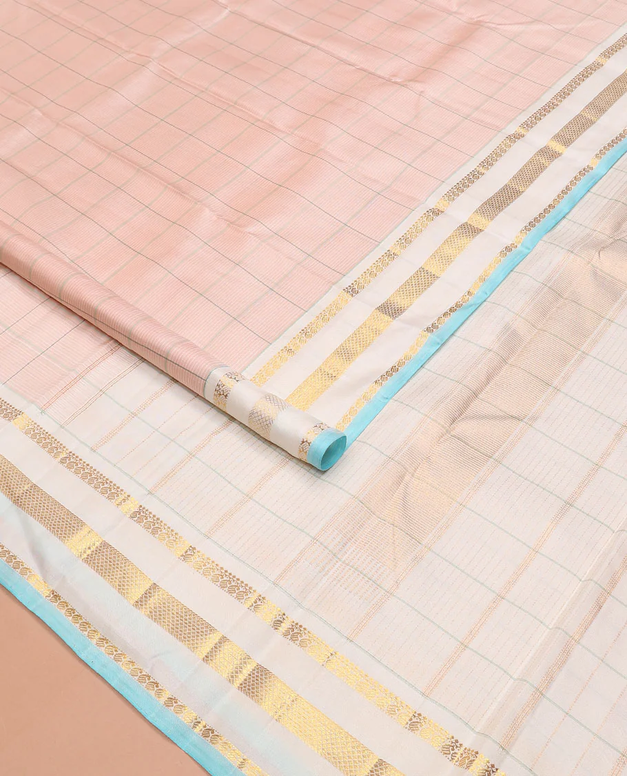 Baby pink checked Kanchipuram silk saree, contrast varisai pettu border of thilakam mokku, manga, and kuyil kann designs, and seppu rekku pallu - Image 2