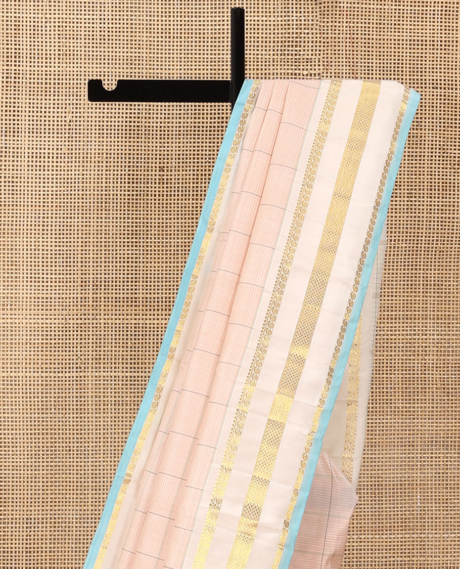Baby pink checked Kanchipuram silk saree, contrast varisai pettu border of thilakam mokku, manga, and kuyil kann designs, and seppu rekku pallu - Image 4