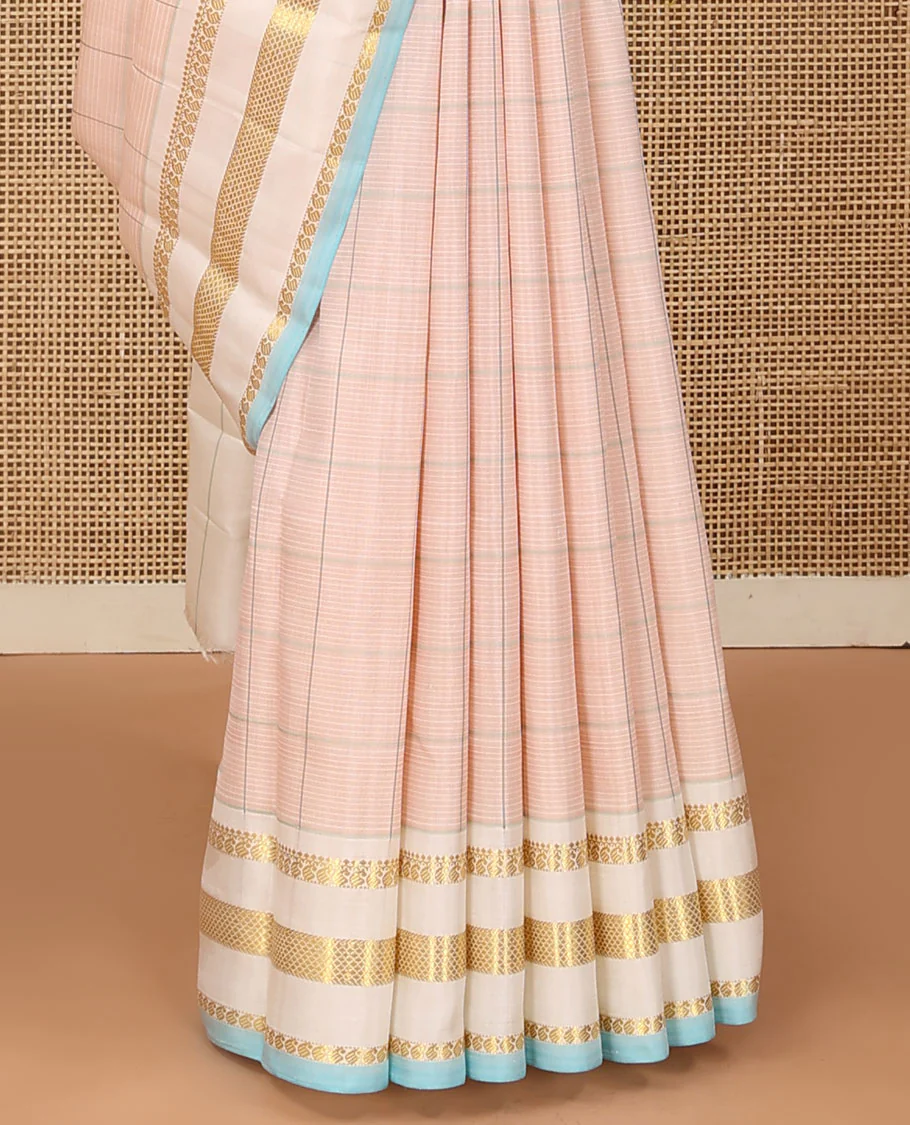 Baby pink checked Kanchipuram silk saree, contrast varisai pettu border of thilakam mokku, manga, and kuyil kann designs, and seppu rekku pallu - Image 5