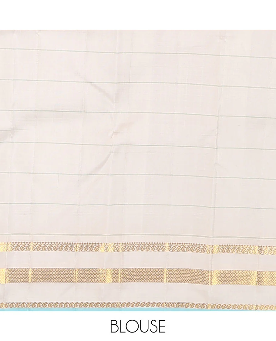 Baby pink checked Kanchipuram silk saree, contrast varisai pettu border of thilakam mokku, manga, and kuyil kann designs, and seppu rekku pallu - Image 6