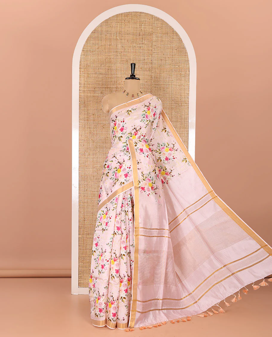 Baby pink colorful rose floral motifs digital printed banana pith saree, piping border, striped pallu, and floral printed blouse
