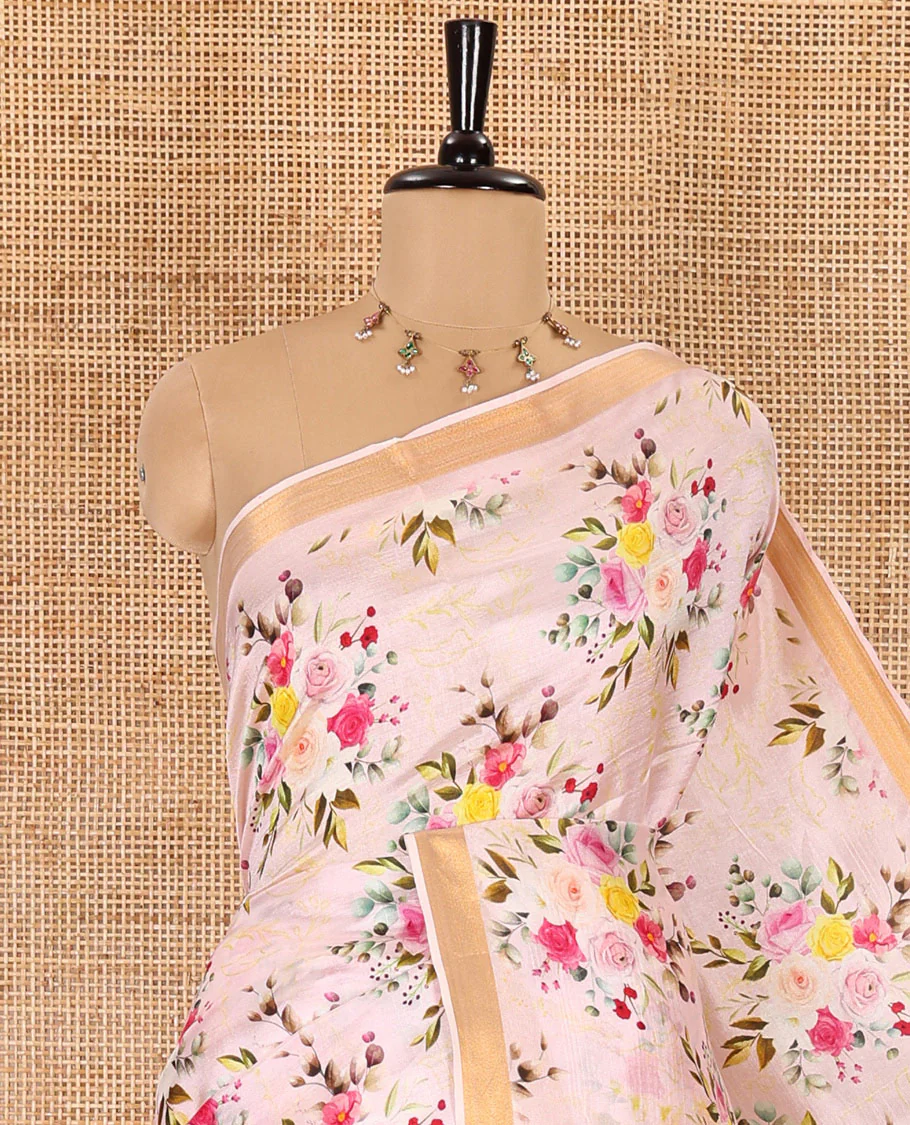 Baby pink colorful rose floral motifs digital printed banana pith saree, piping border, striped pallu, and floral printed blouse - Image 2