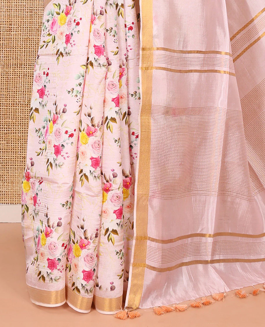Baby pink colorful rose floral motifs digital printed banana pith saree, piping border, striped pallu, and floral printed blouse - Image 3
