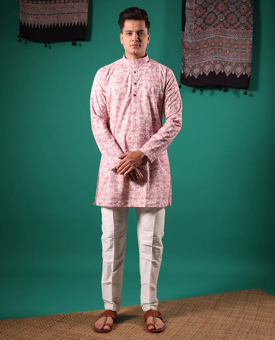 Baby pink crushed textured with tropical floral printed full-sleeved men's kurta - Image 2