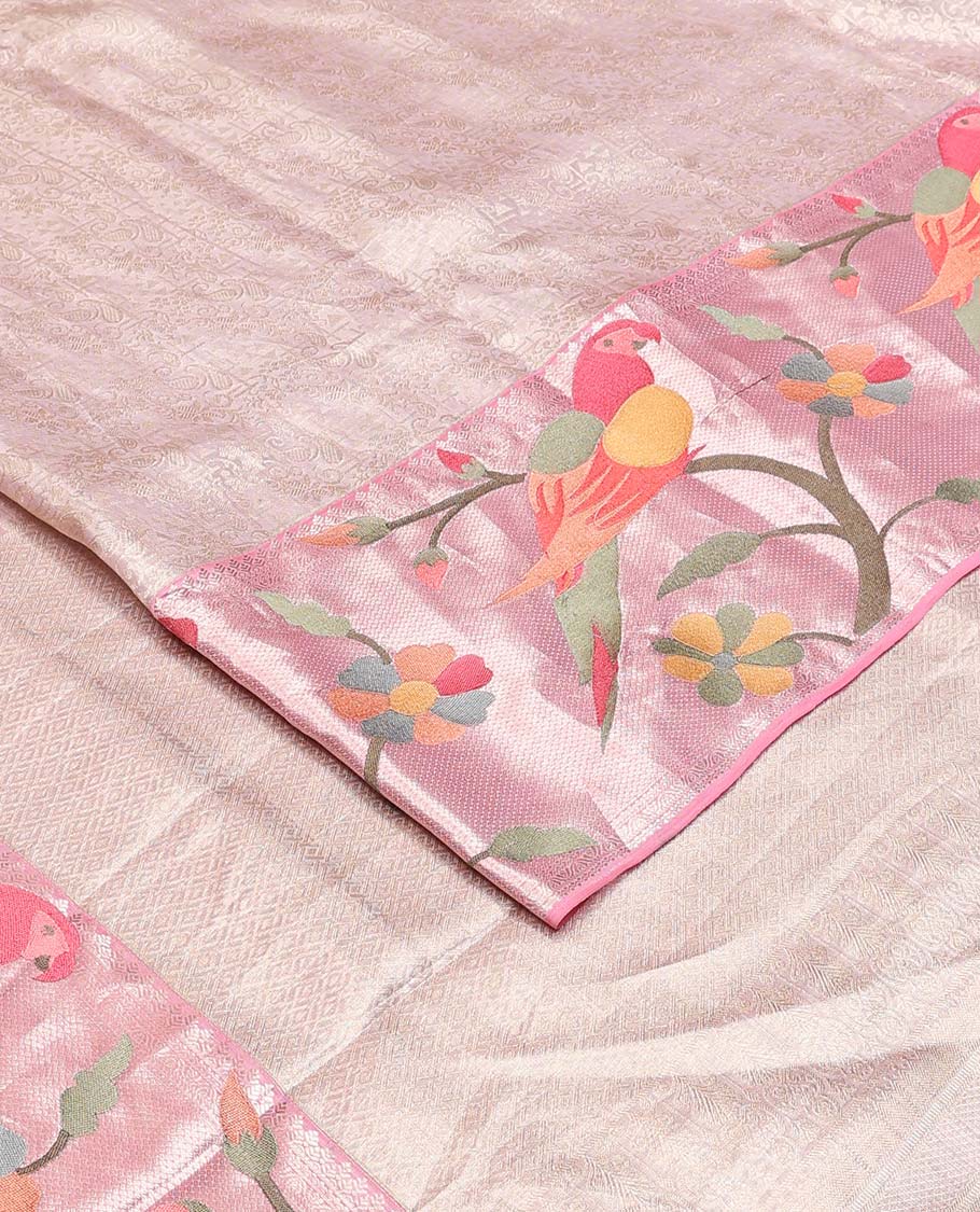 Baby pink jacquard Kanchipuram silk saree, contrast traditional with meenakari paithani floral, and macaw motifs embroidered border, and jaal pallu - Image 2