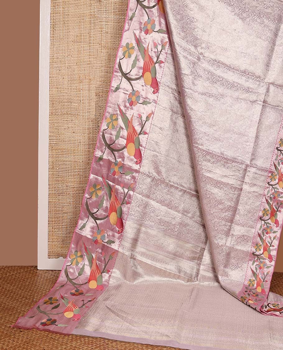 Baby pink jacquard Kanchipuram silk saree, contrast traditional with meenakari paithani floral, and macaw motifs embroidered border, and jaal pallu - Image 3