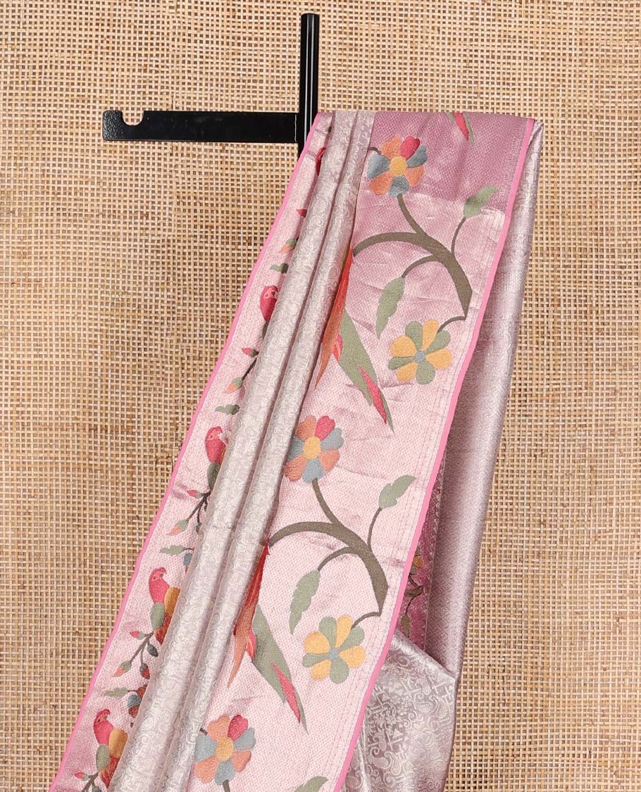 Baby pink jacquard Kanchipuram silk saree, contrast traditional with meenakari paithani floral, and macaw motifs embroidered border, and jaal pallu - Image 4