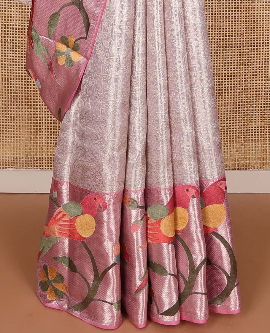 Baby pink jacquard Kanchipuram silk saree, contrast traditional with meenakari paithani floral, and macaw motifs embroidered border, and jaal pallu - Image 5
